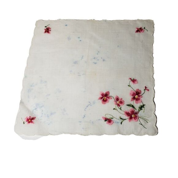 VINTAGE 1960'S HANKIE PINK EMBROIDERED FLOWERS POCKET SCARF BRIDAL WEDDING - Picture 2 of 12